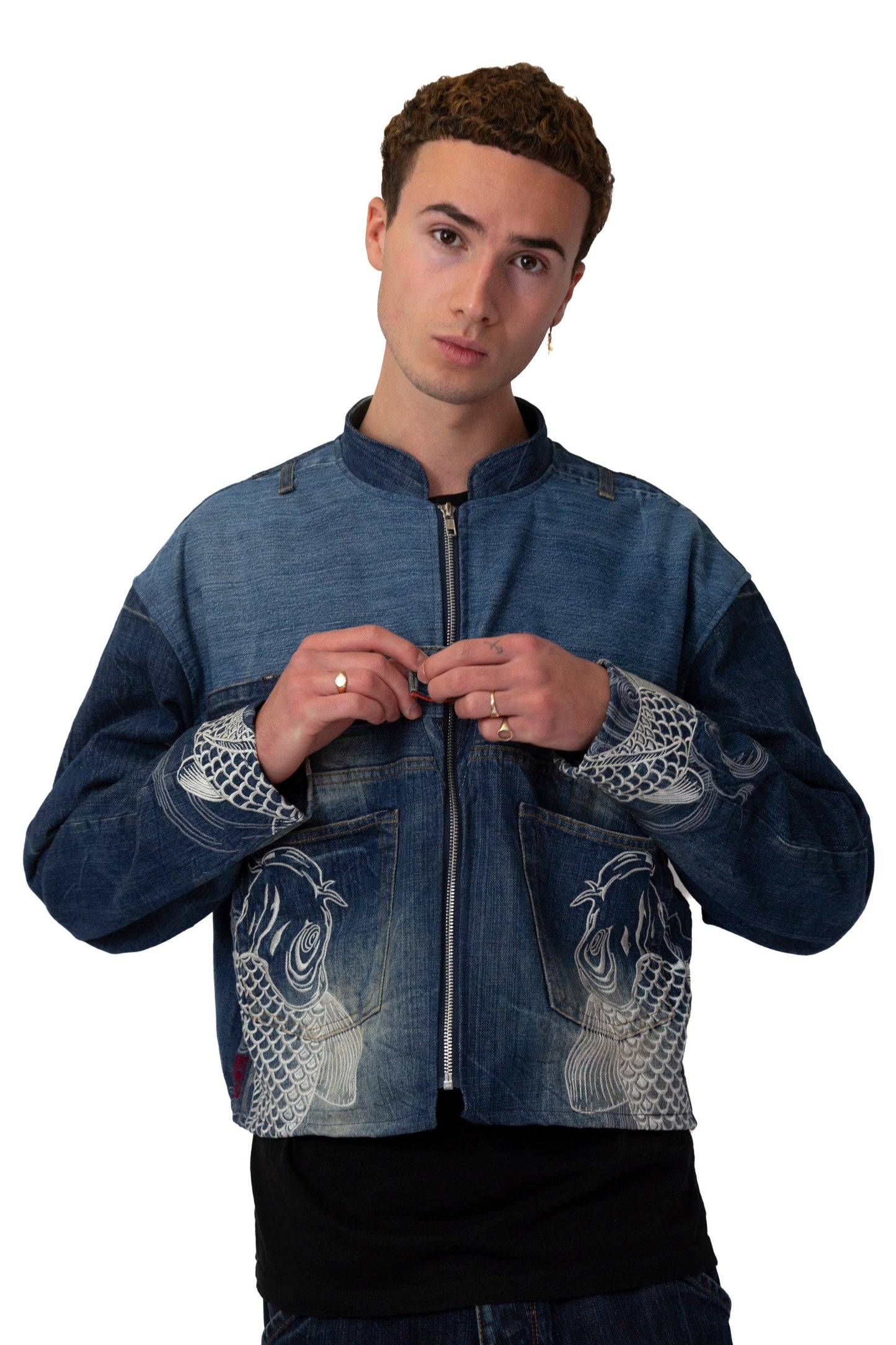 VT Rework: Kara Kuri Tamashi Zip Up Fish Embroidered Denim Jacket