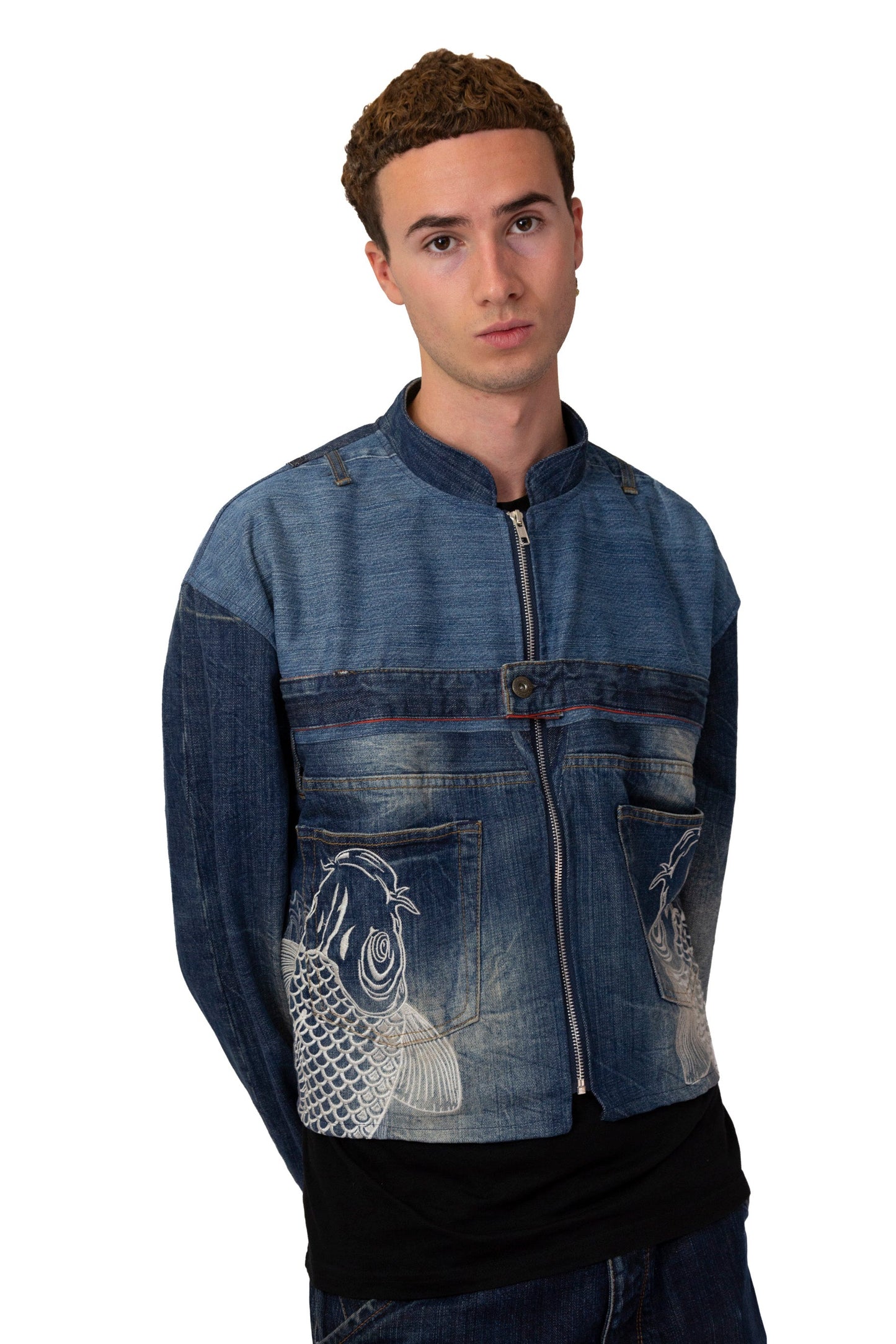 VT Rework: Kara Kuri Tamashi Zip Up Fish Embroidered Denim Jacket