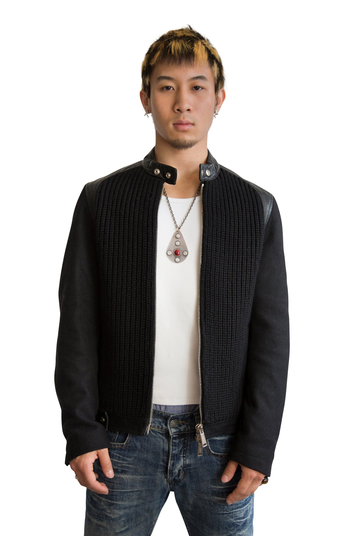 Dsquared2 Knit Panel Black Leather Jacket