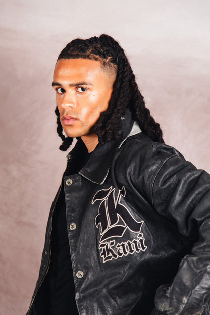 Karl Kani Logo Embossed Black Leather Varsity Jacket | Extra Large, Multicoloured