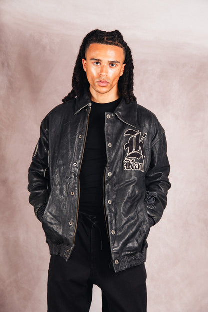 Karl Kani Logo Embossed Black Leather Varsity Jacket | Extra Large, Multicoloured