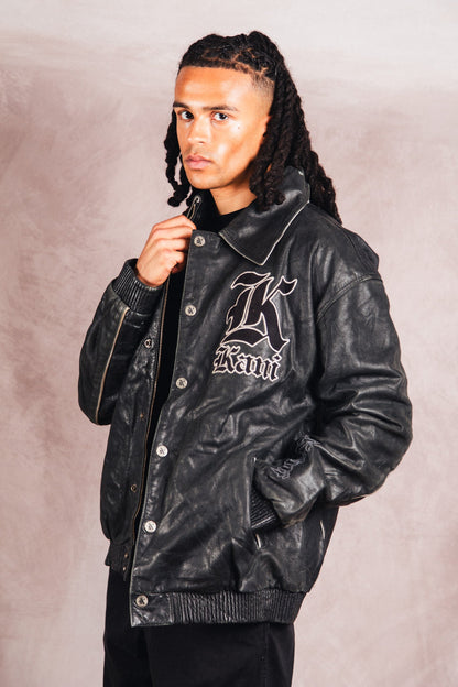 Karl Kani Logo Embossed Black Leather Varsity Jacket | Extra Large, Multicoloured