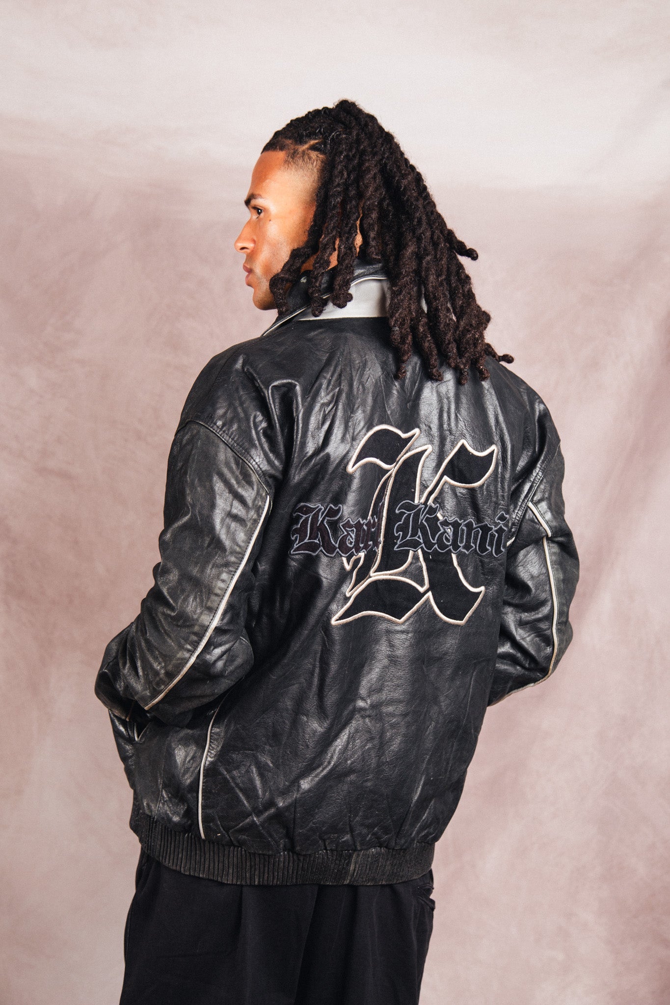 Karl Kani Logo Embossed Black Leather Varsity Jacket | Extra Large, Multicoloured