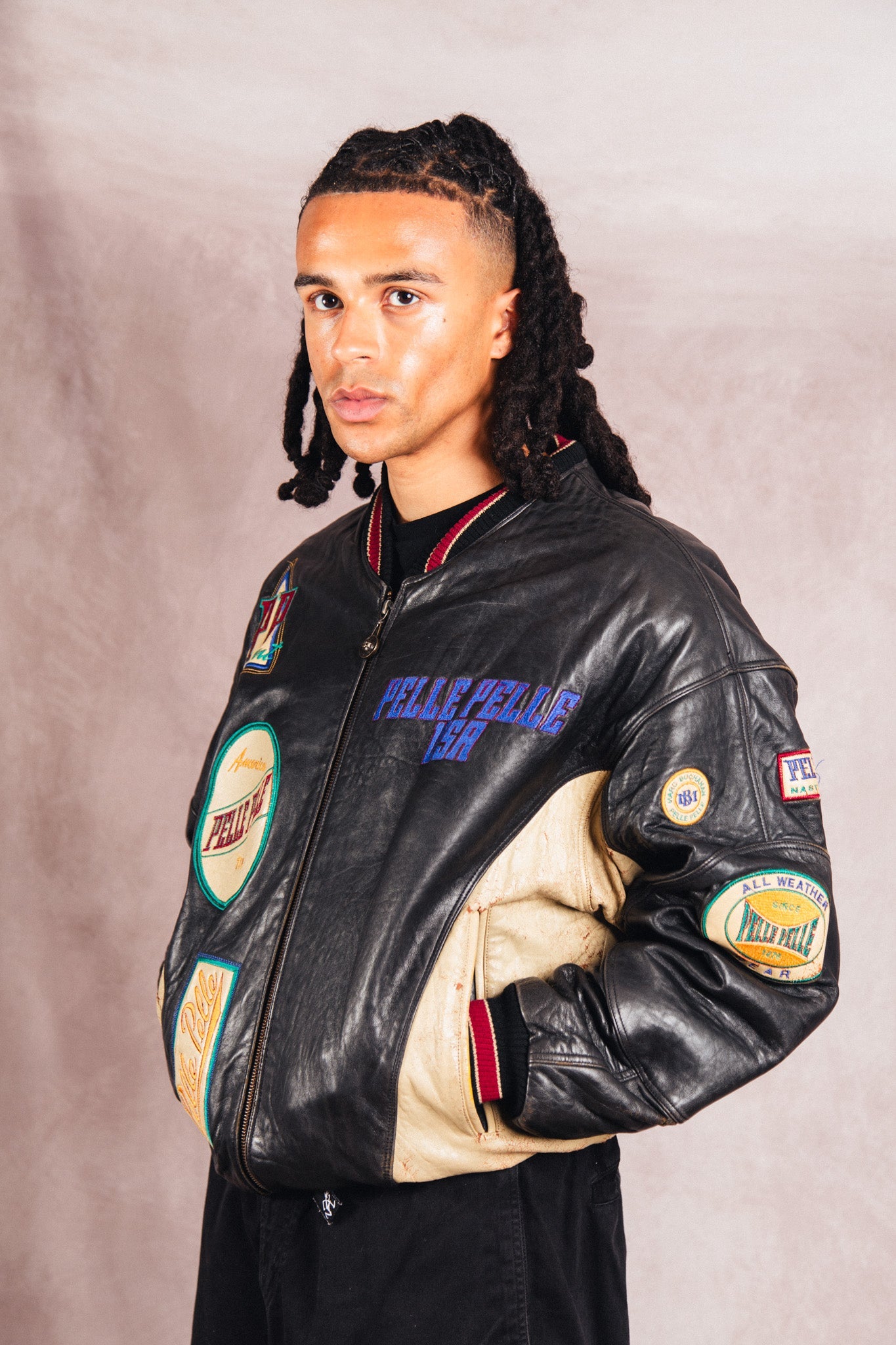 Pelle Pelle Patch Detail Structured Leather Varsity Jacket | Large, Multicoloured