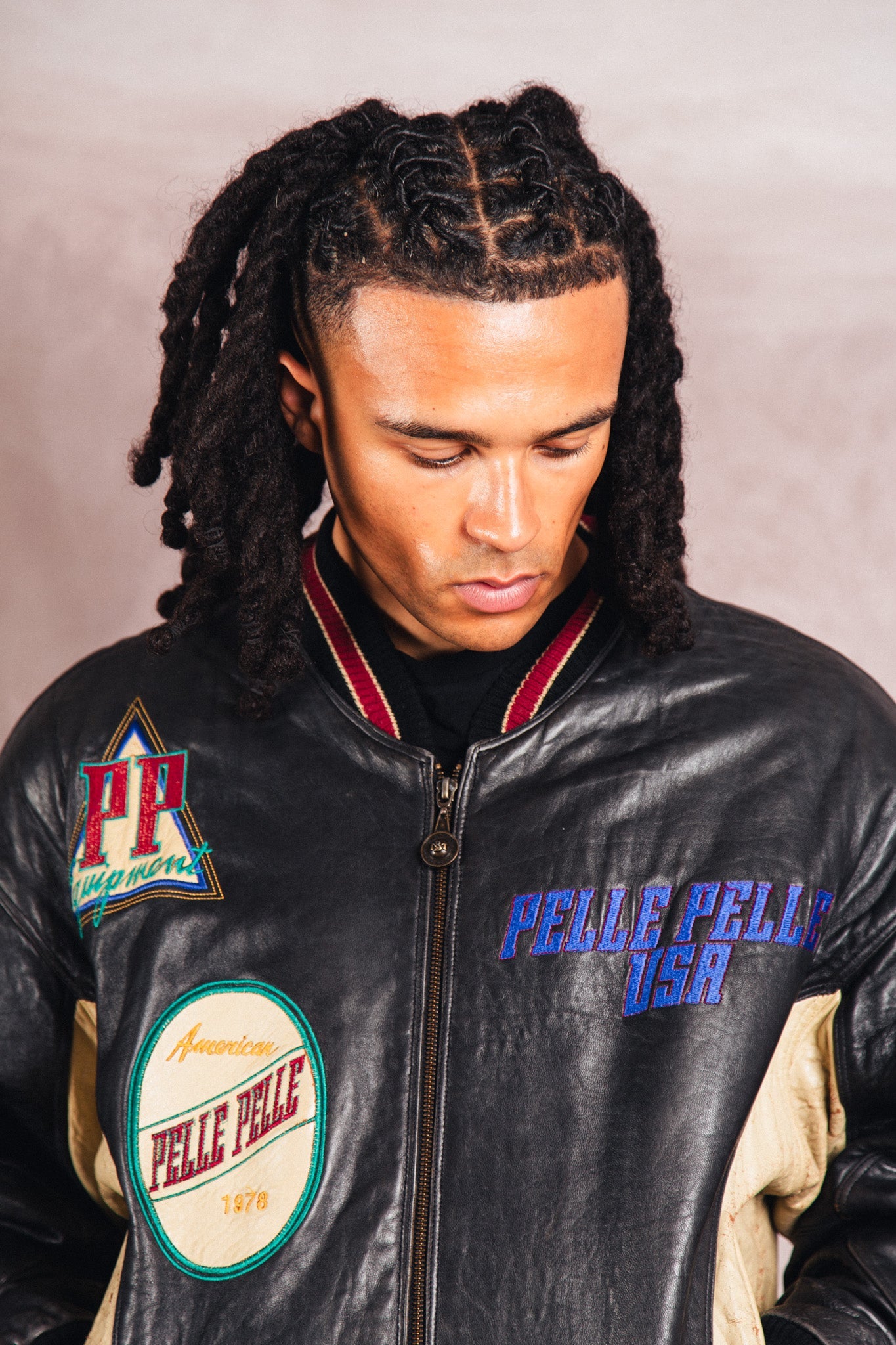 Pelle Pelle Patch Detail Structured Leather Varsity Jacket | Large, Multicoloured