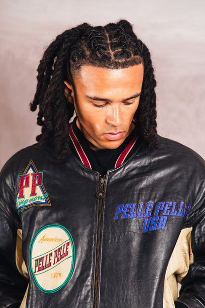 Pelle Pelle Patch Detail Structured Leather Varsity Jacket | Large, Multicoloured