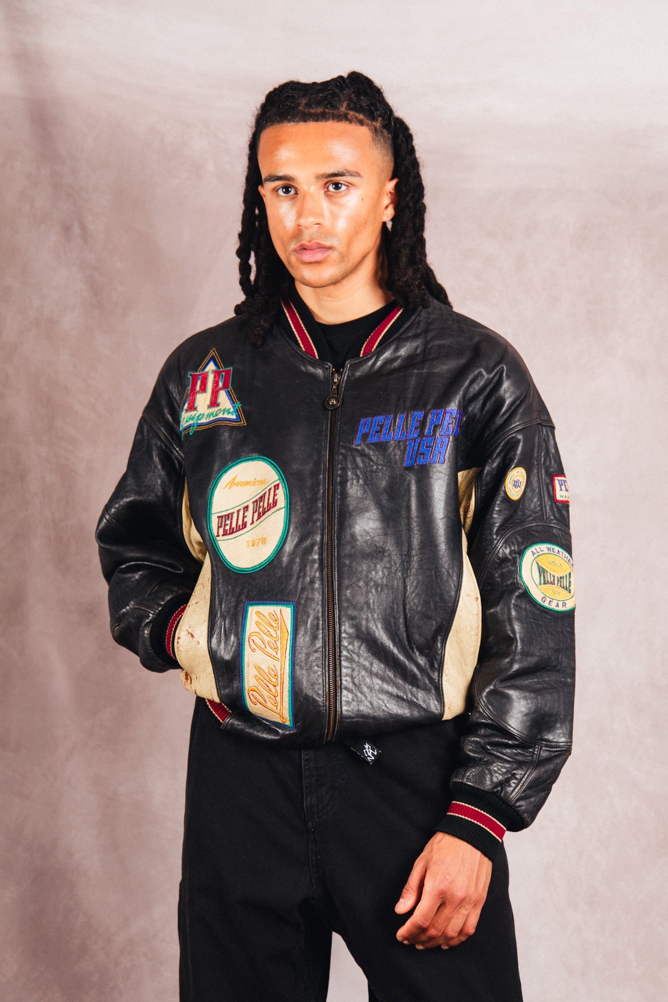 Pelle Pelle Patch Detail Structured Leather Varsity Jacket | Large, Multicoloured