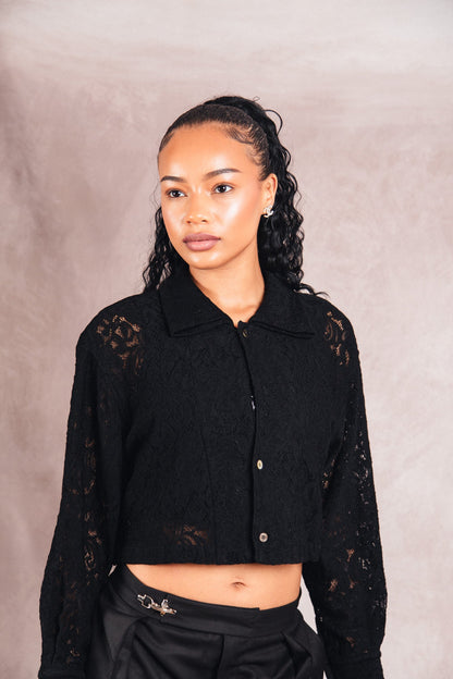 Comme Des Garcons Black Lace Cropped LS Shirt | Small, Multicoloured