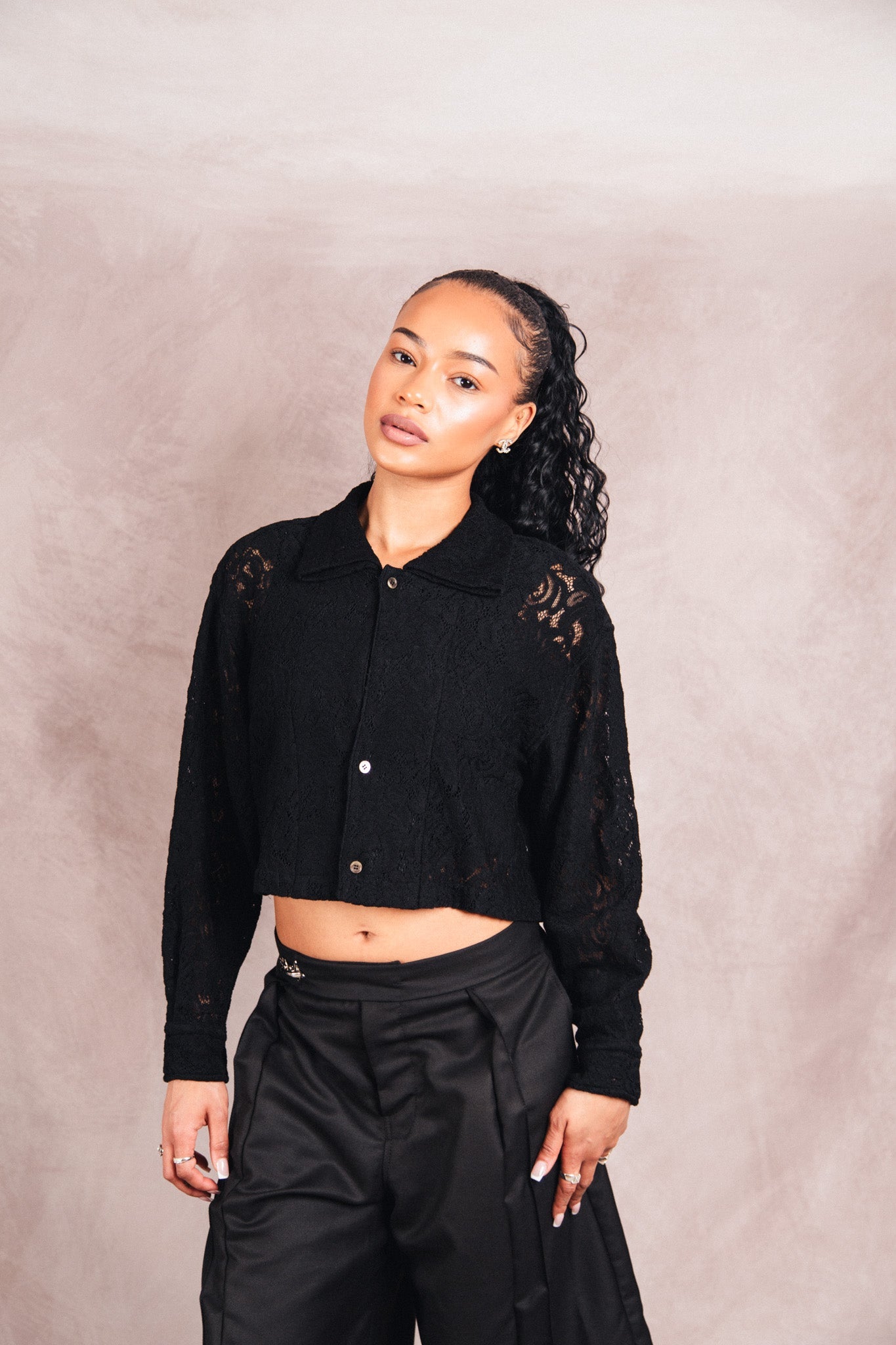 Comme Des Garcons Black Lace Cropped LS Shirt | Small, Multicoloured