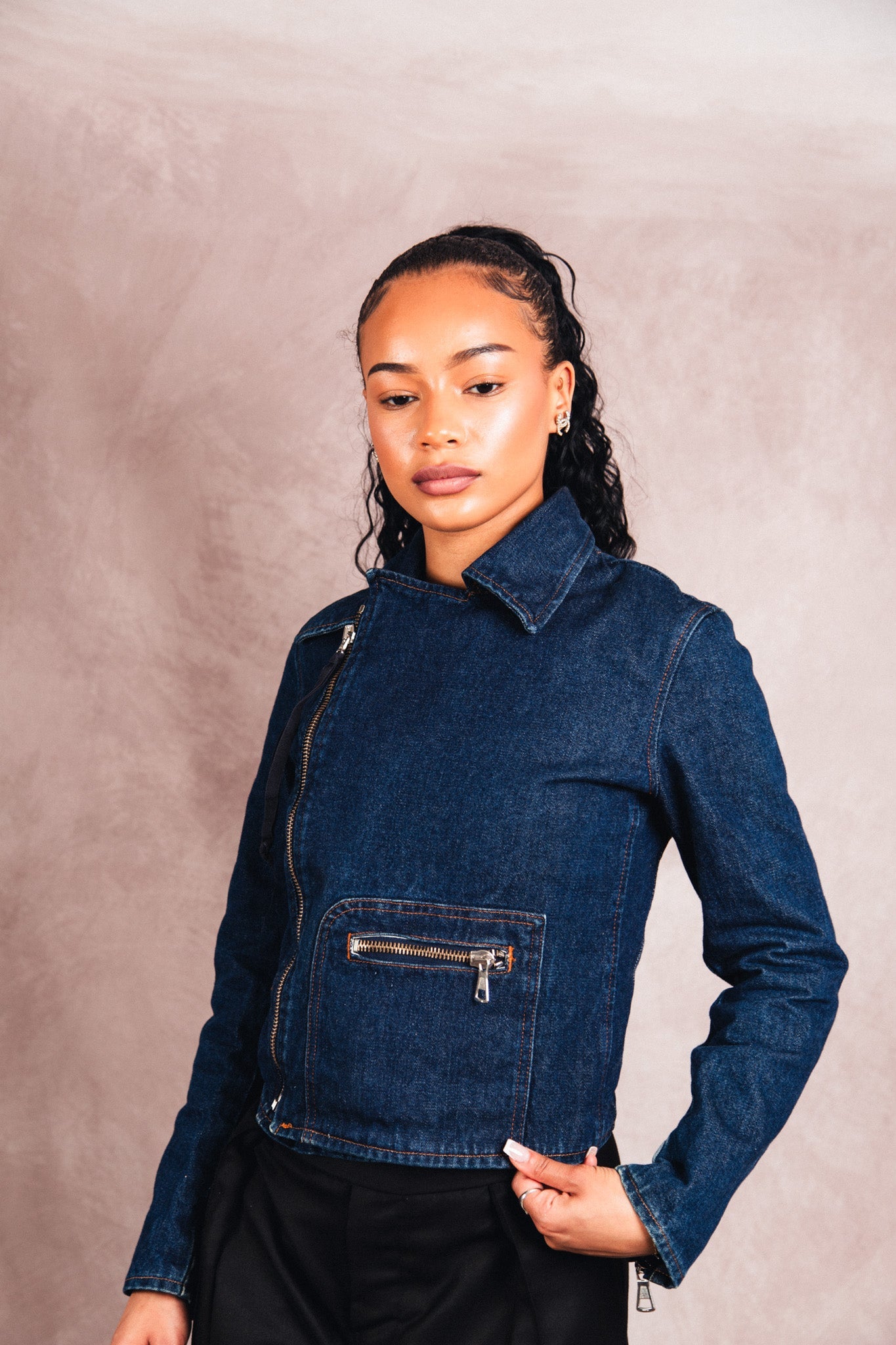 MM6 Asymmetrical Indigo Denim Cropped Biker Jacket | Small, Multicoloured