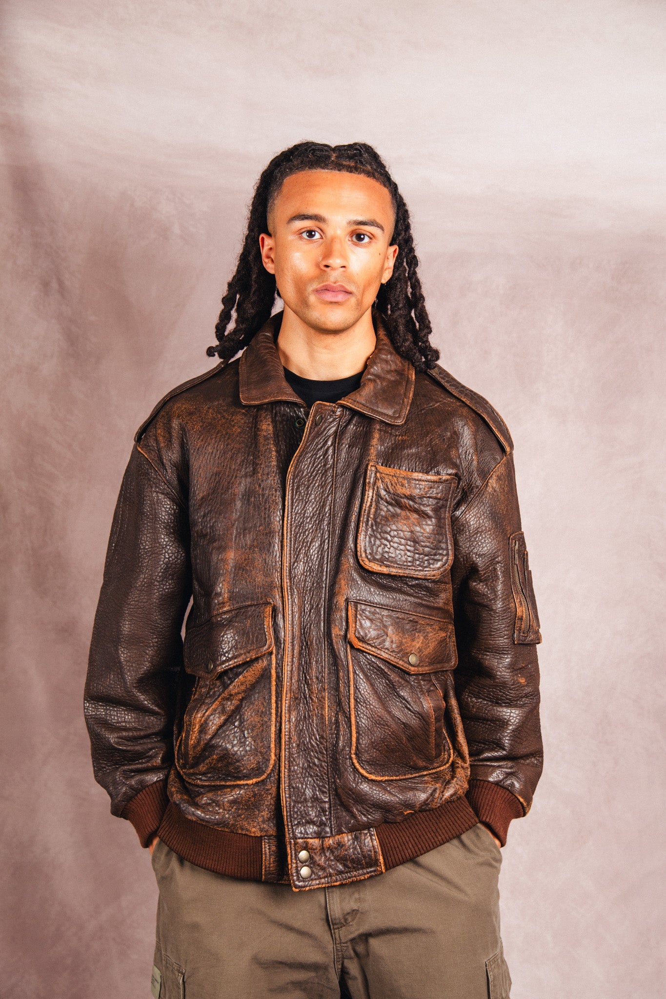 1980's Atlantic Air Crossing Distressed Brown Leather Bomber Jacket | Extra Large, Multicoloured