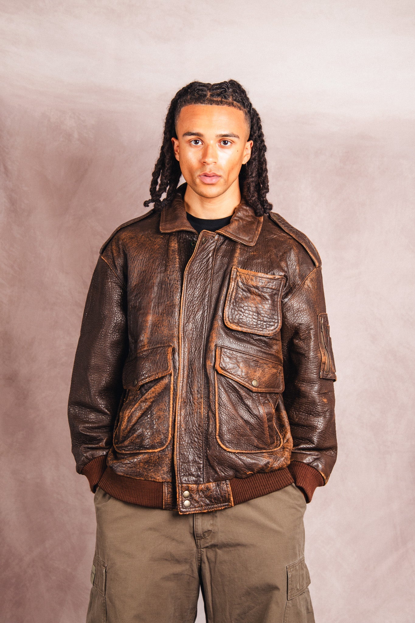 1980's Atlantic Air Crossing Distressed Brown Leather Bomber Jacket | Extra Large, Multicoloured
