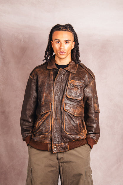 1980's Atlantic Air Crossing Distressed Brown Leather Bomber Jacket | Extra Large, Multicoloured
