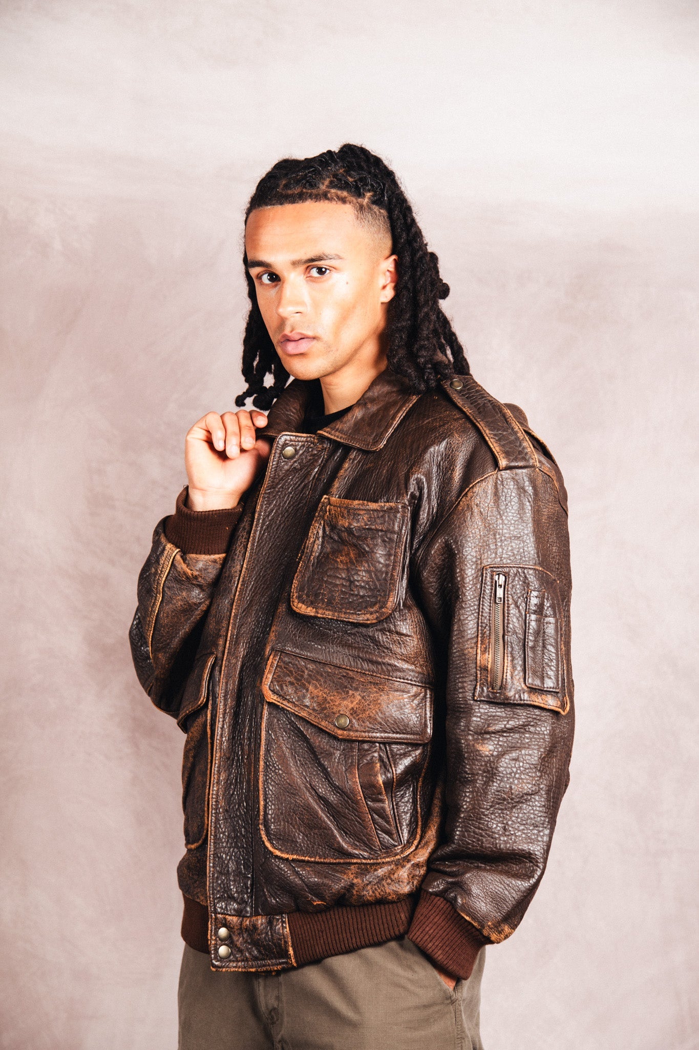 1980's Atlantic Air Crossing Distressed Brown Leather Bomber Jacket | Extra Large, Multicoloured