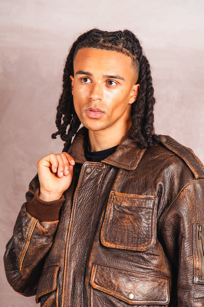 1980's Atlantic Air Crossing Distressed Brown Leather Bomber Jacket | Extra Large, Multicoloured