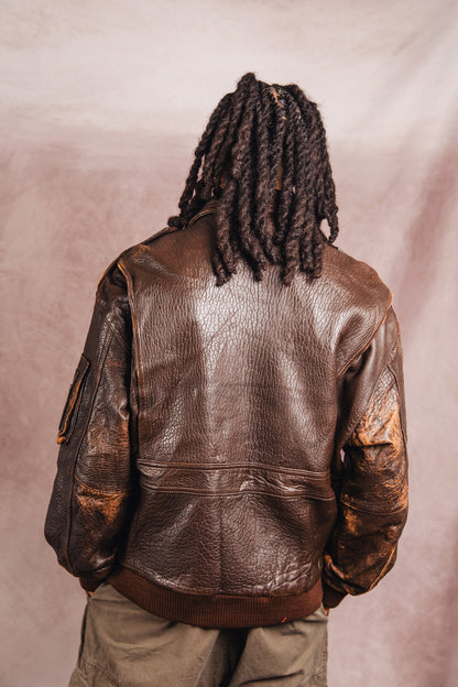1980's Atlantic Air Crossing Distressed Brown Leather Bomber Jacket | Extra Large, Multicoloured
