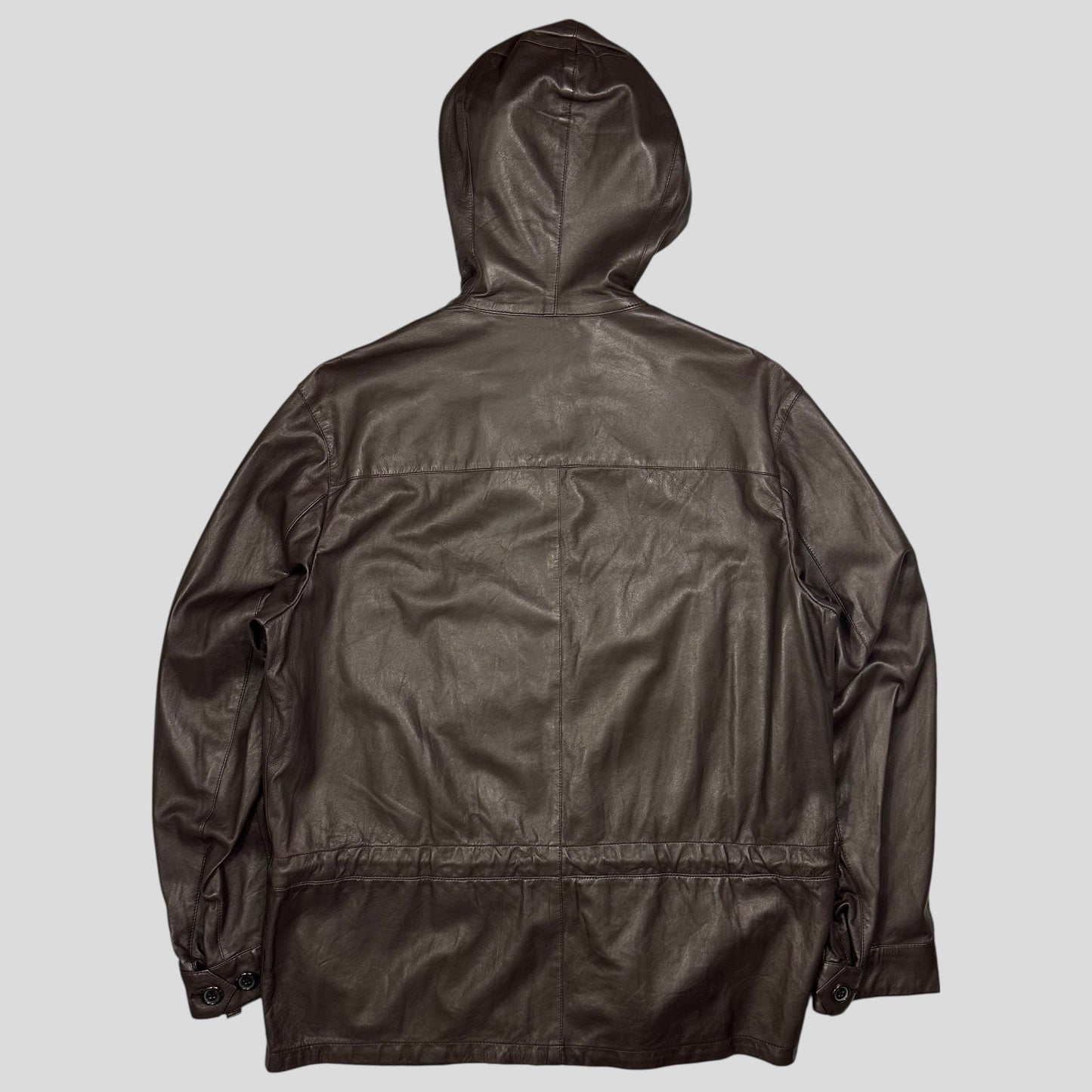 Prada Milano 00’s Nappa Leather Stash Pocket Hooded Jacket - L | Default Title, Brown