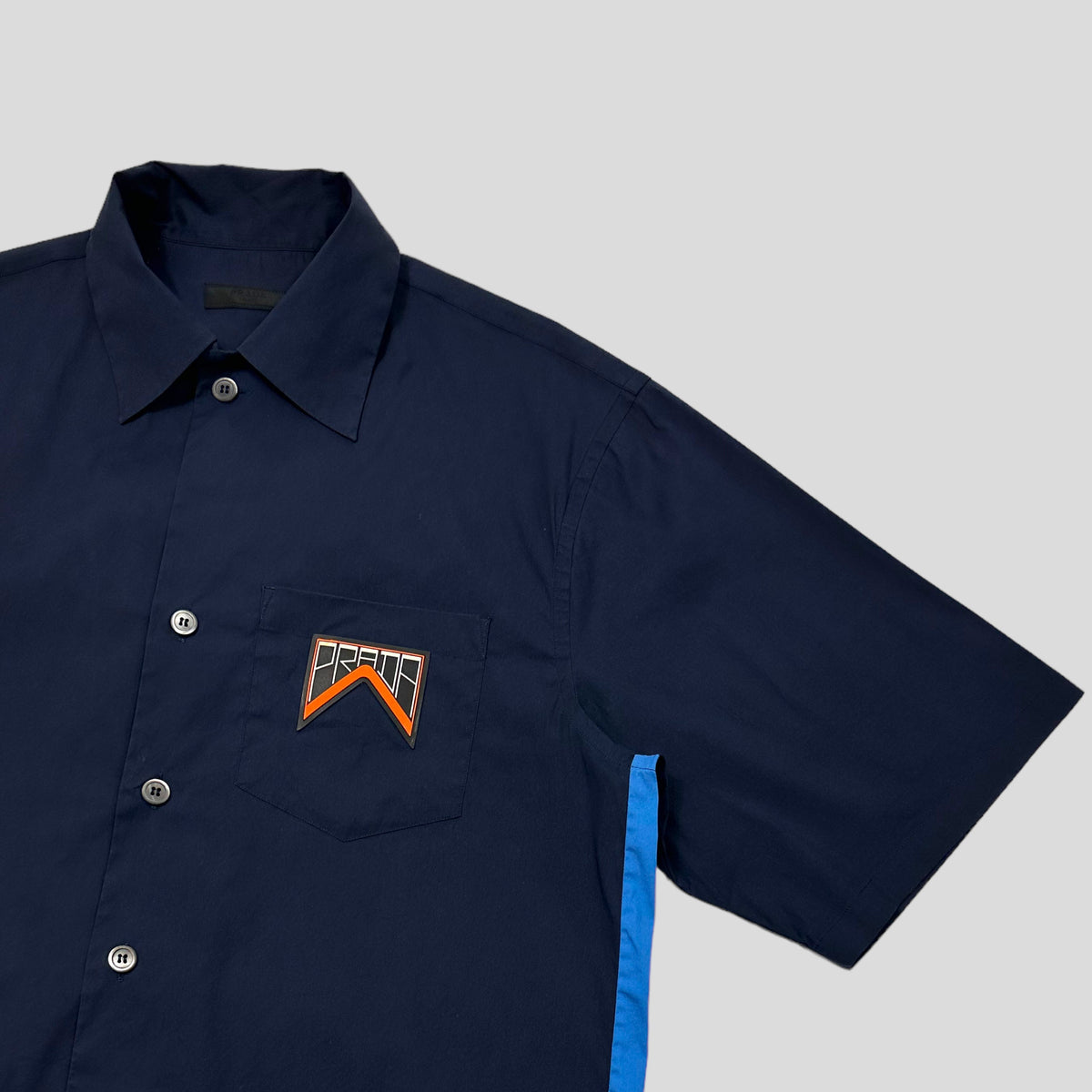 Prada Milano 2018 Rubber Logo Tech Stripe Shirt - L | Navy