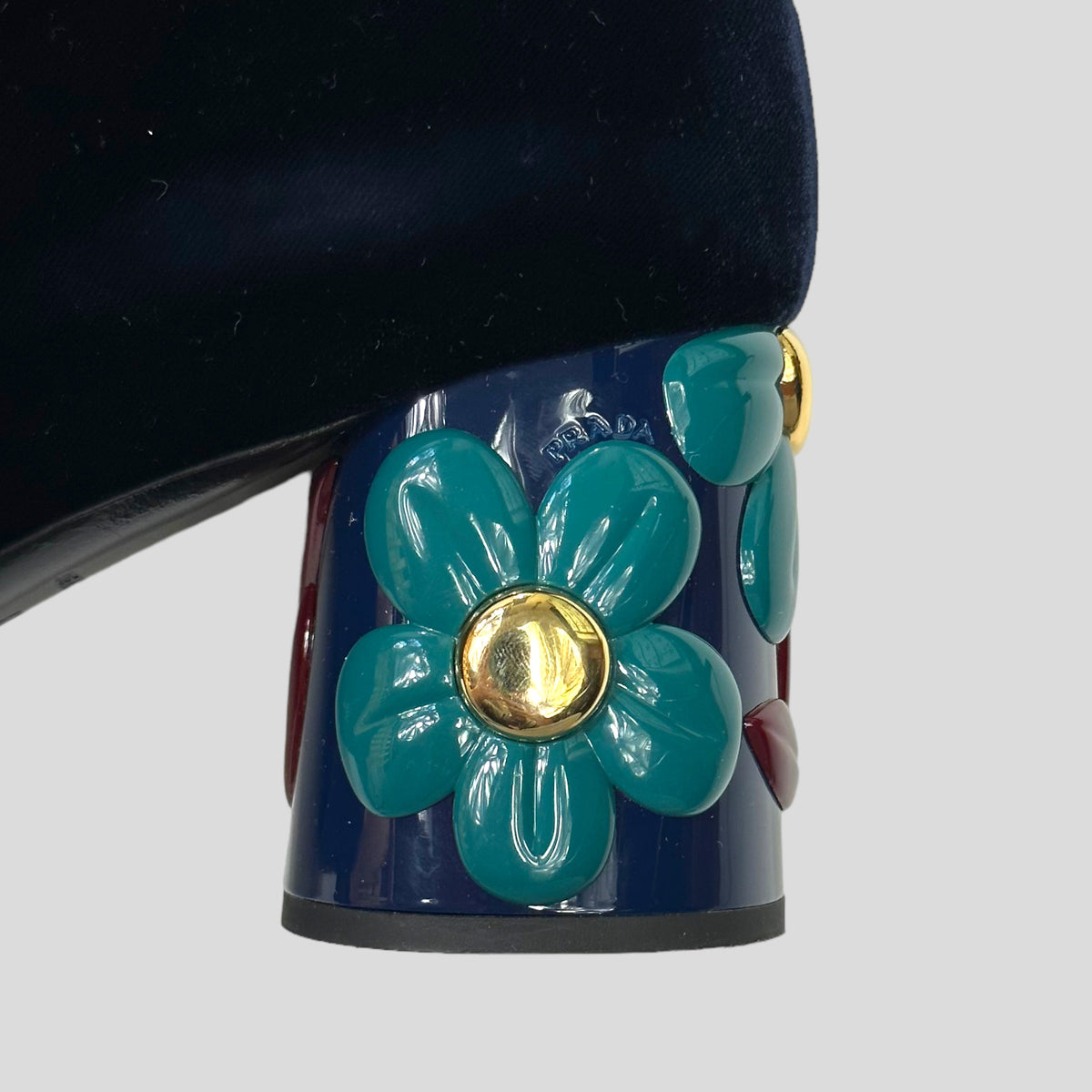 Prada Milano Floral Heel Blue Velvet Boots - UK7 | Navy