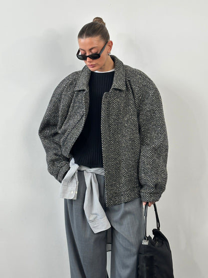 Vintage 1990s Wool Herringbone Bomber Jacket - XXL
