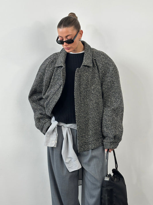Vintage 1990s Wool Herringbone Bomber Jacket - XXL