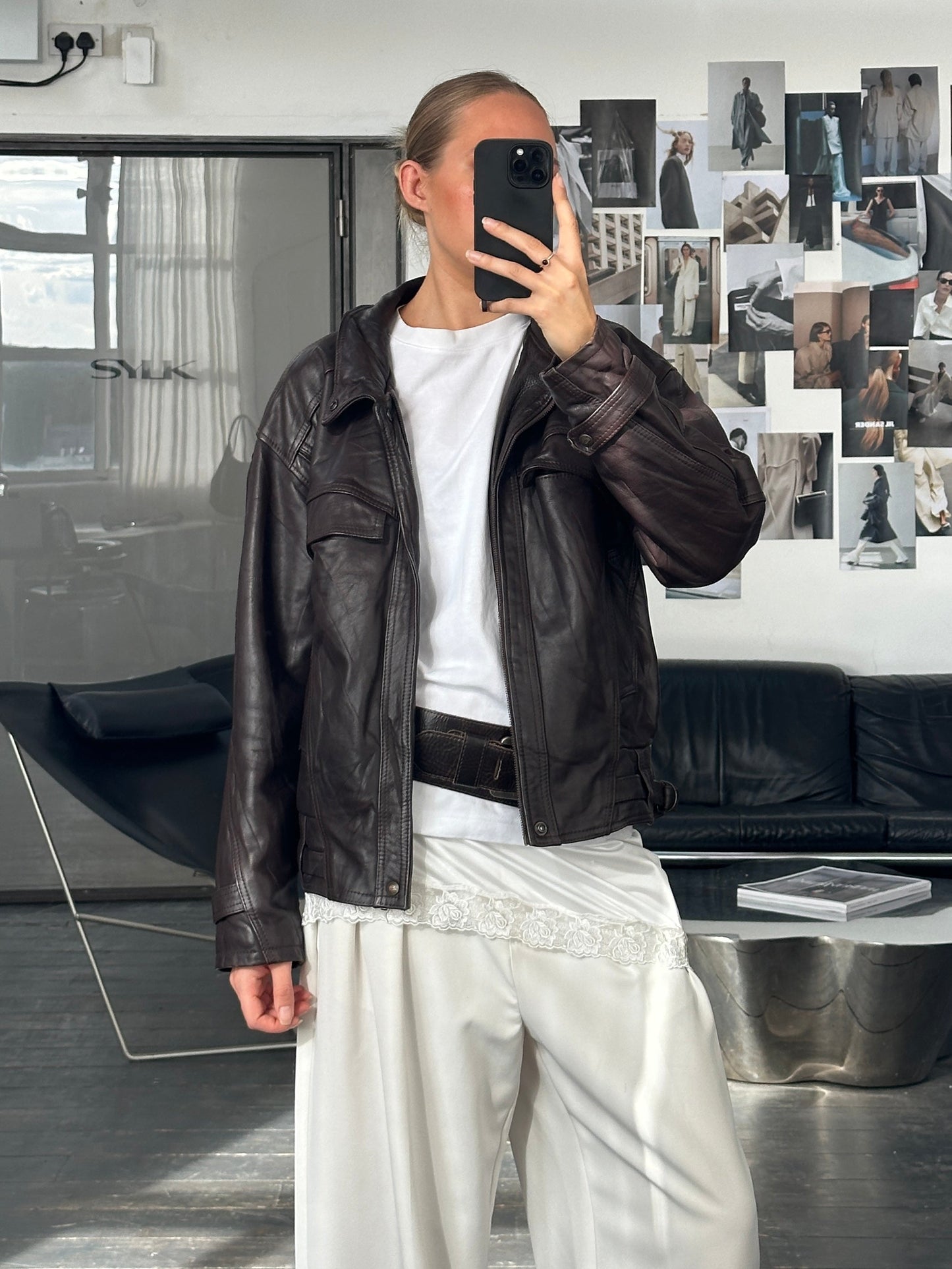 French Vintage 1980s High Neck Leather Bomber Jacket - L