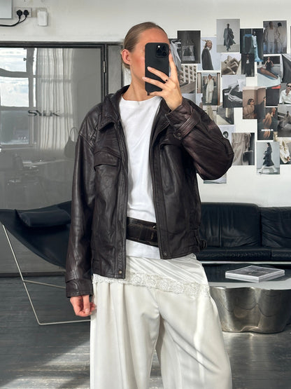 French Vintage 1980s High Neck Leather Bomber Jacket - L