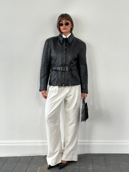 Vintage 1990s High Neck Belted Leather Jacket - M