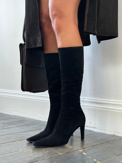 Prada 2000s Square Toe Suede Heeled Knee Boots - UK 7.5 / EU 40.5