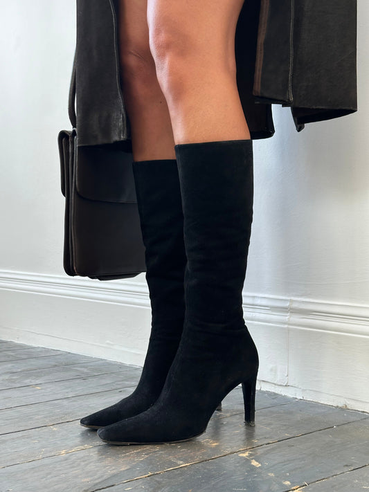 Prada 2000s Square Toe Suede Heeled Knee Boots - UK 7.5 / EU 40.5