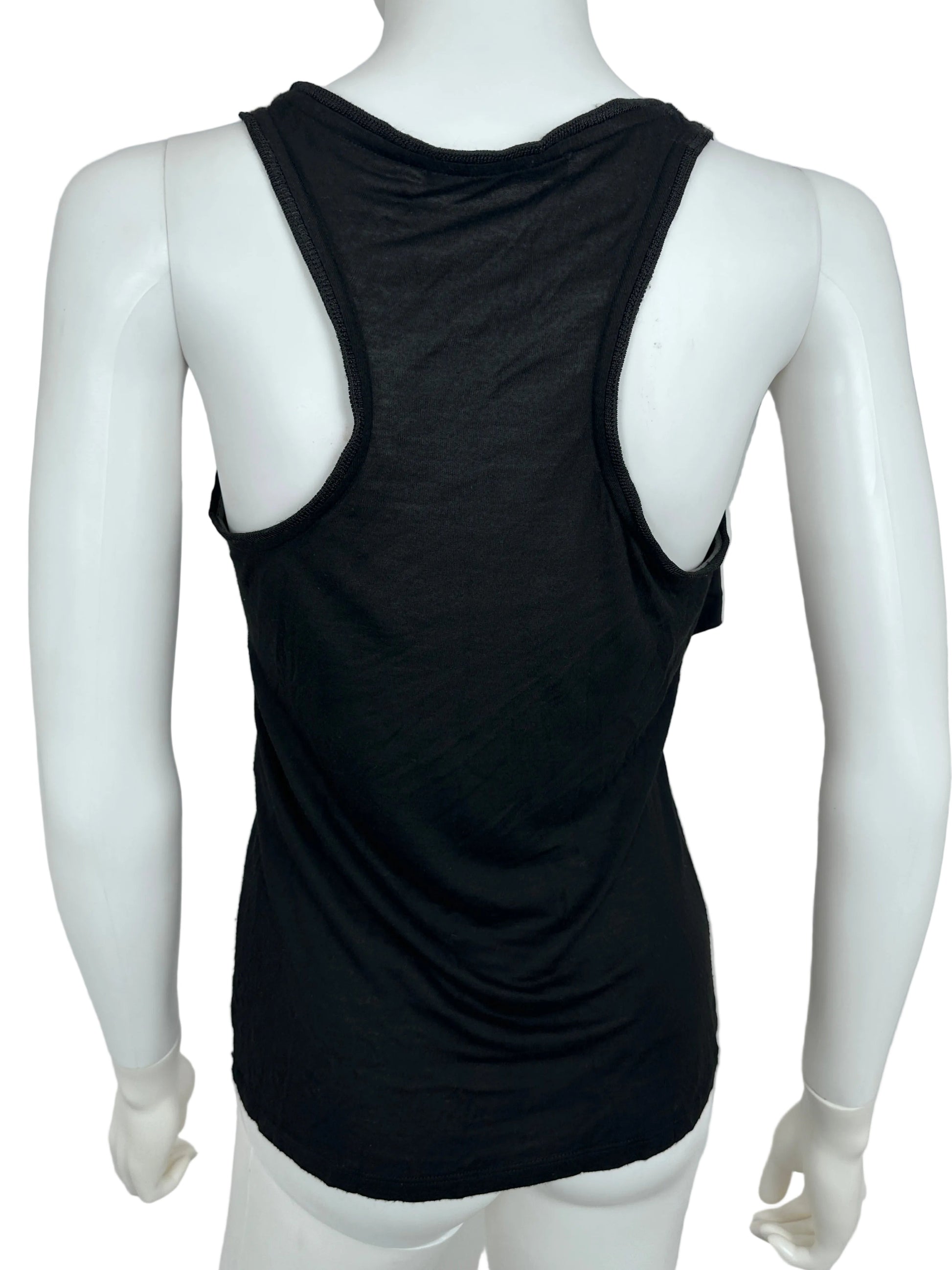 Black tank top on a white mannequin against a plain background