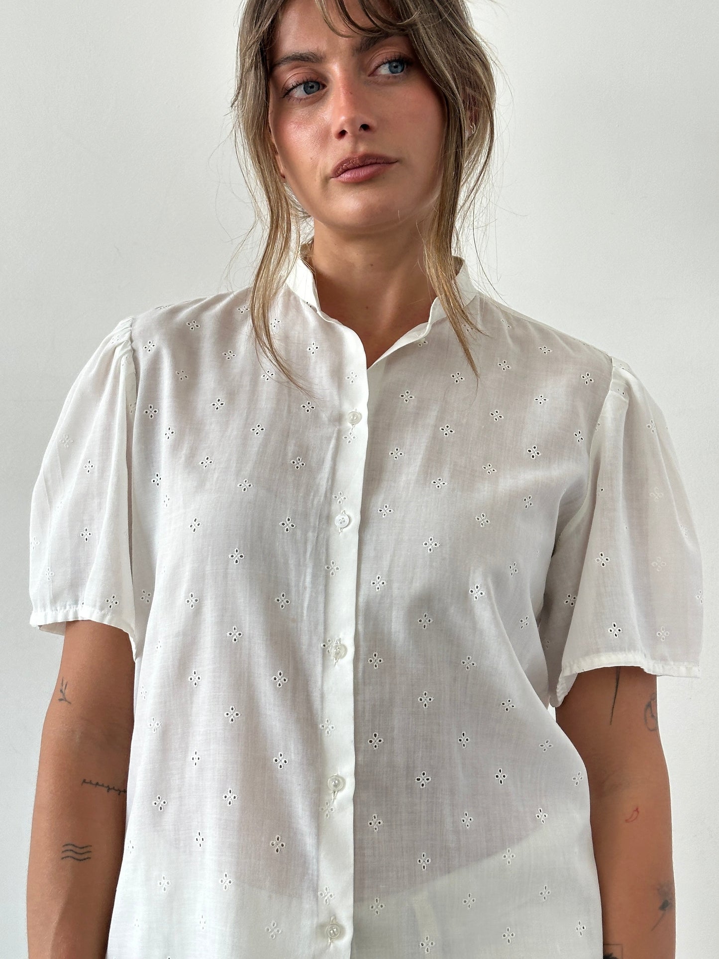 Vintage Pointelle Sheer Short Sleeve Shirt - M/L