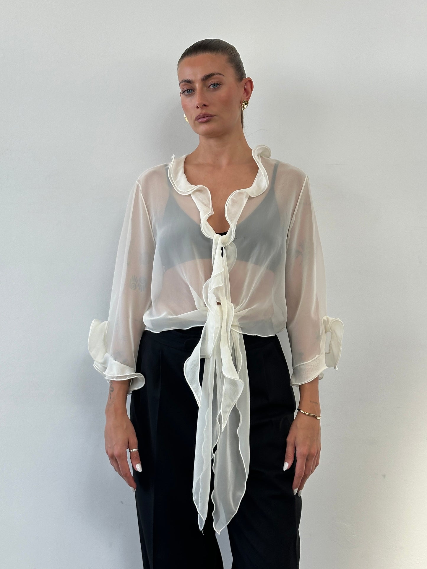 Italian Vintage Sheer Frill Tie Front Blouse - S-XL