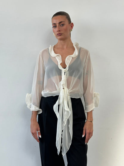 Italian Vintage Sheer Frill Tie Front Blouse - S-XL