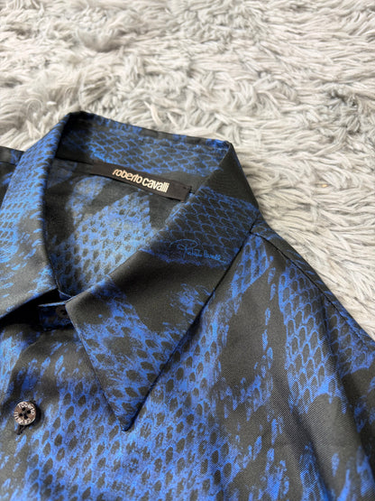 Roberto Cavalli 2023 Silk Python Print Blue Shirt - L | O/S, Black