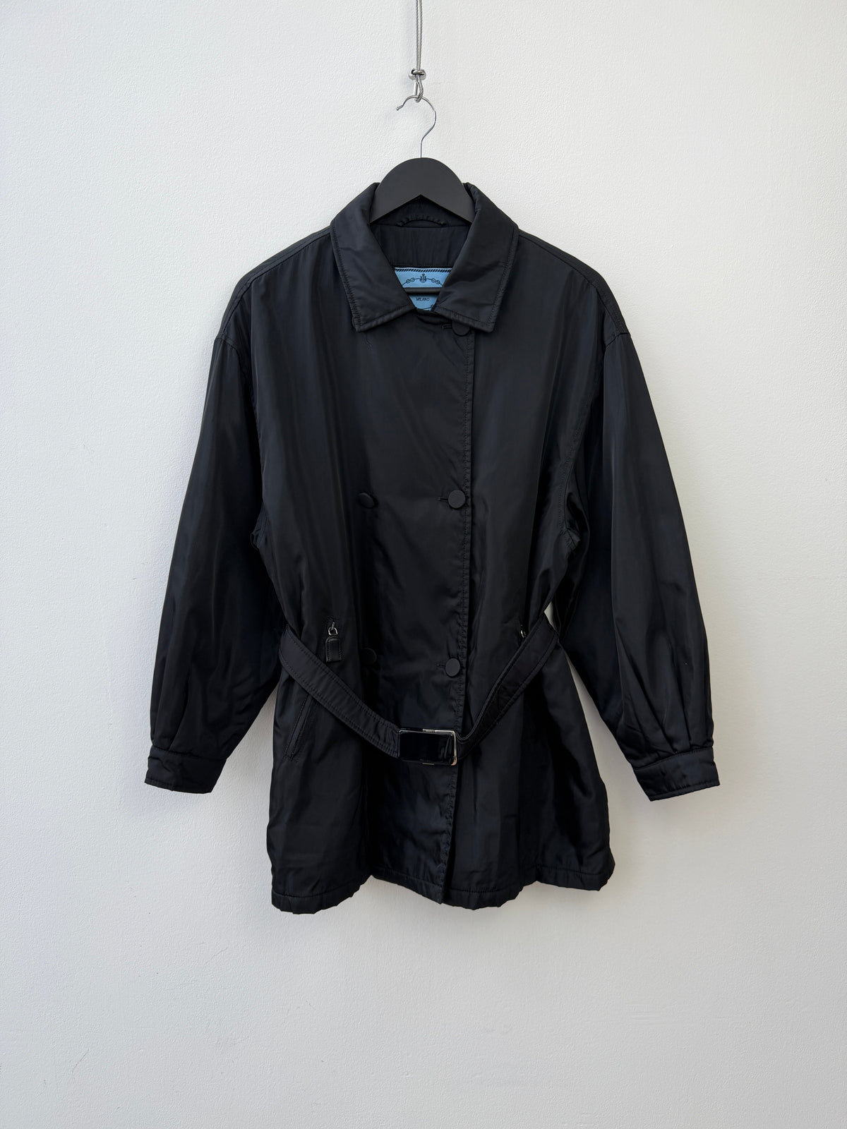 Prada 90s Belted Nylon Overcoat | Large, Black