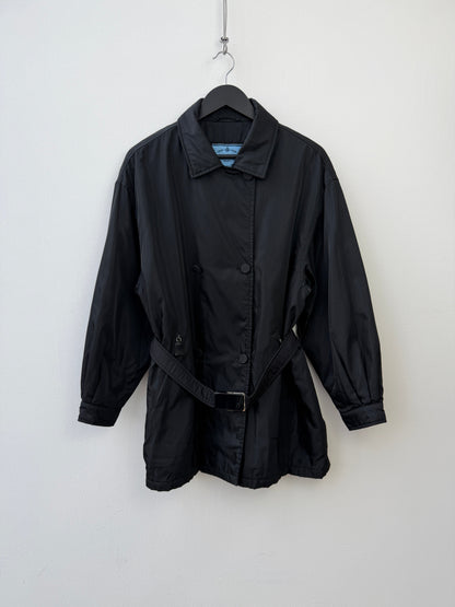 Prada 90s Belted Nylon Overcoat | Large, Black