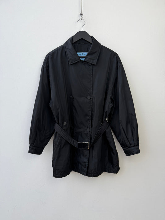 Prada 90s Belted Nylon Overcoat | Large, Black