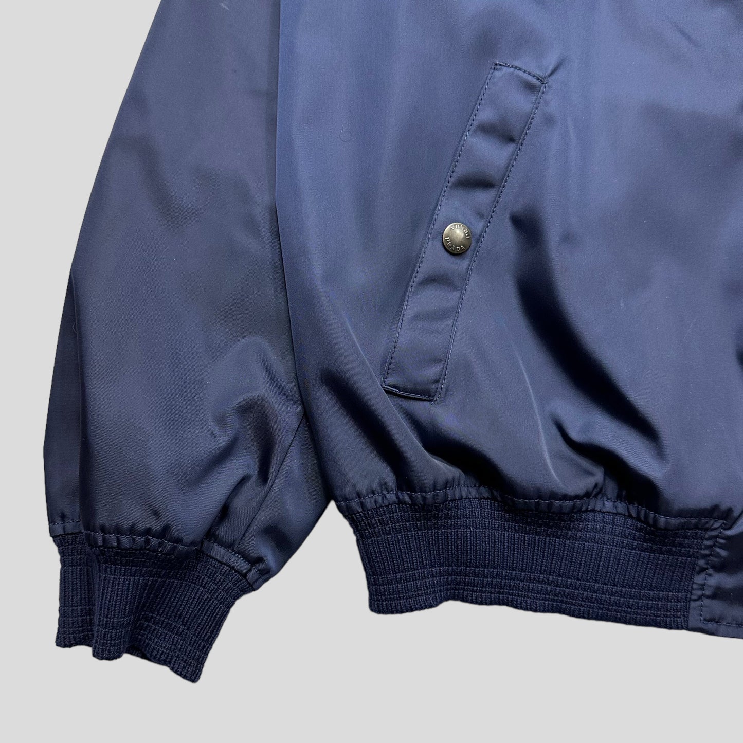 Prada Milano 2015 Metallic Blue Nylon Bomber Jacket - IT50