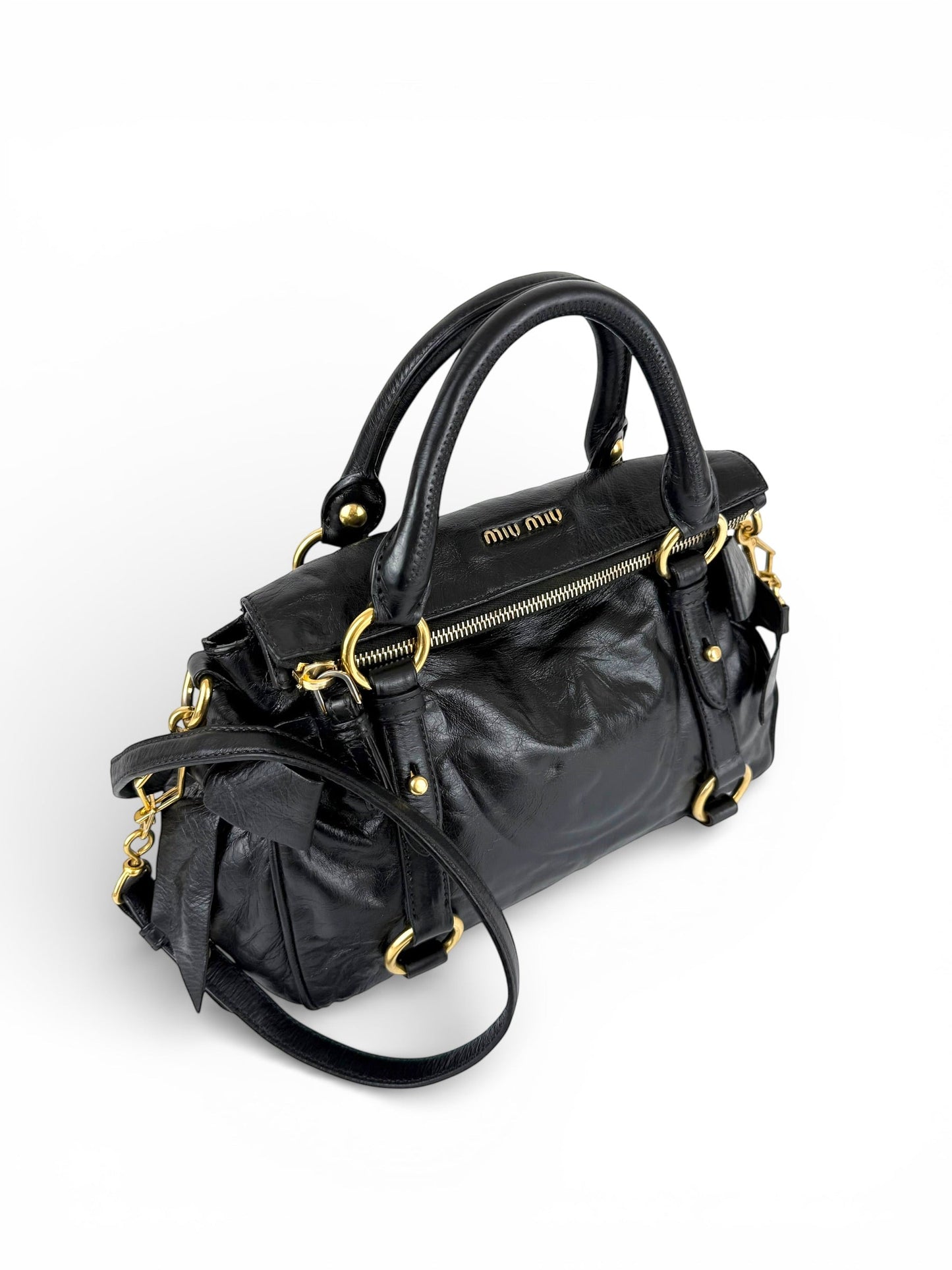 2012 Miu Miu Vitello Shine Leather 2way Bow Black Handbag | O/S, Black