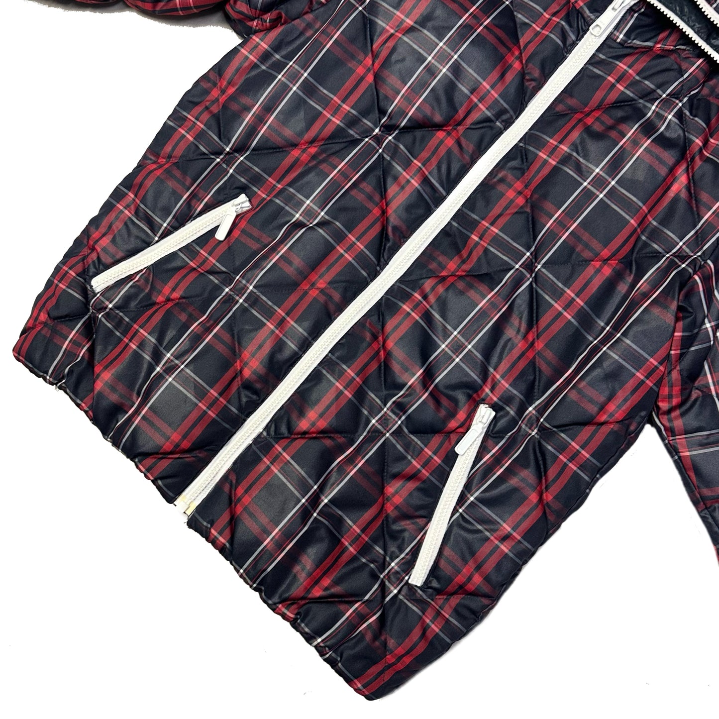 Takeo Kikuchi Diamond Stitch Plaid Puffer Jacket In Navy & Red ( M )