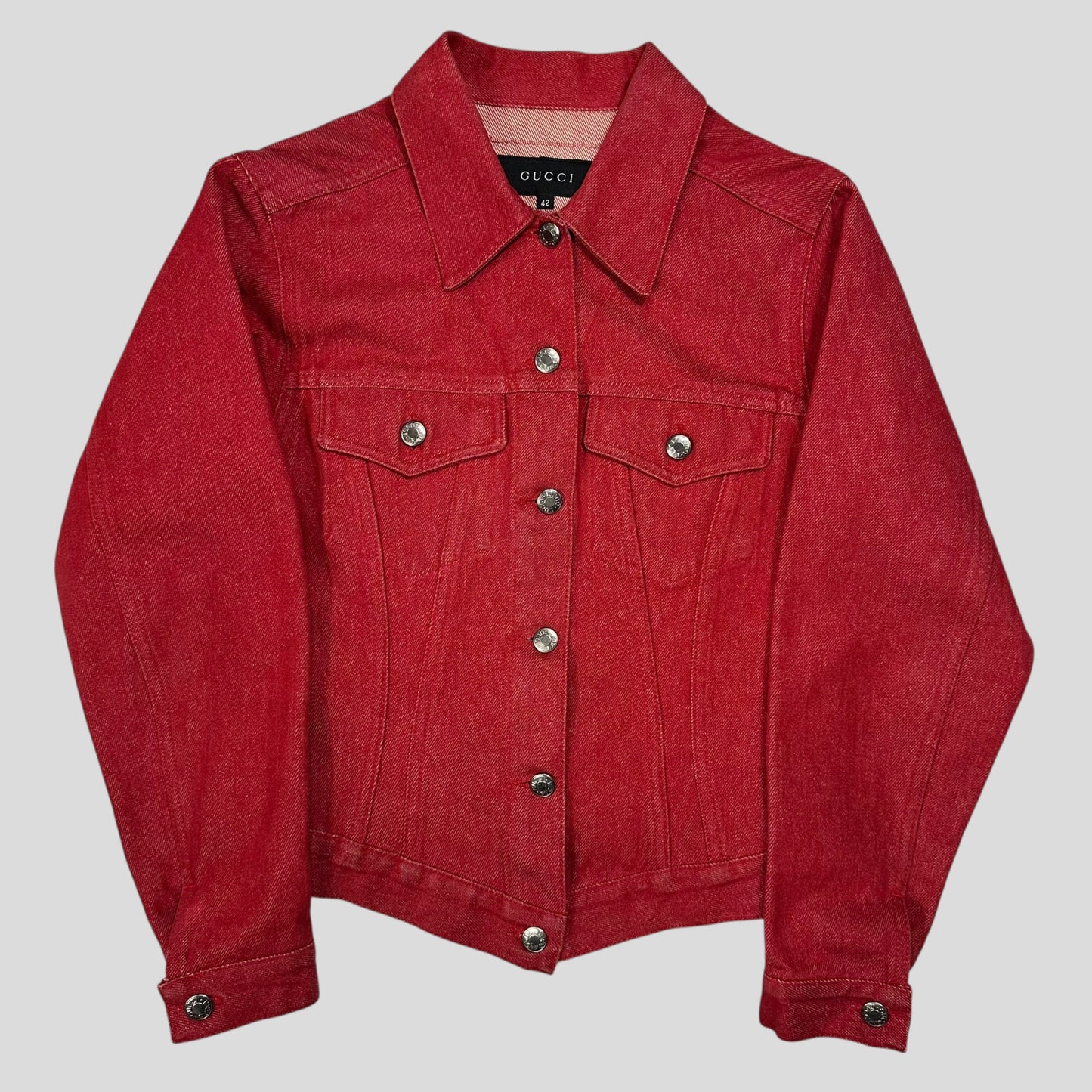 Gucci by Tom Ford 1999 Red Denim Cropped Front Drop Jacket - IT42 | Default Title, Red