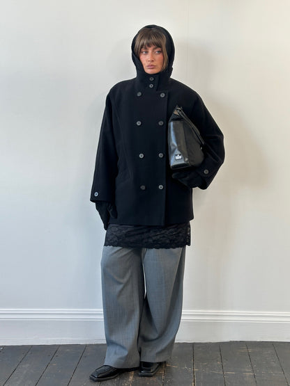 St Michael 1980s Pure Wool High Neck Double Breasted Coat - XL