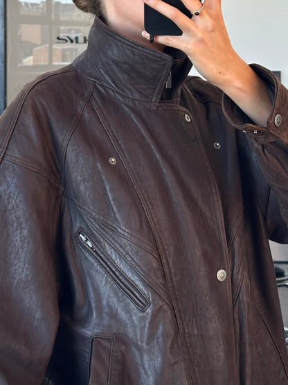 Vintage 1990s High Neck Bomber Leather Jacket - XL