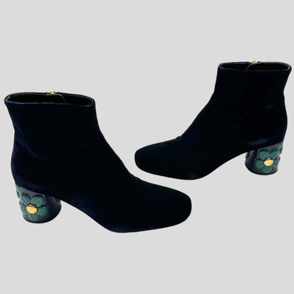 Prada Milano Floral Heel Blue Velvet Boots - UK7 | Navy
