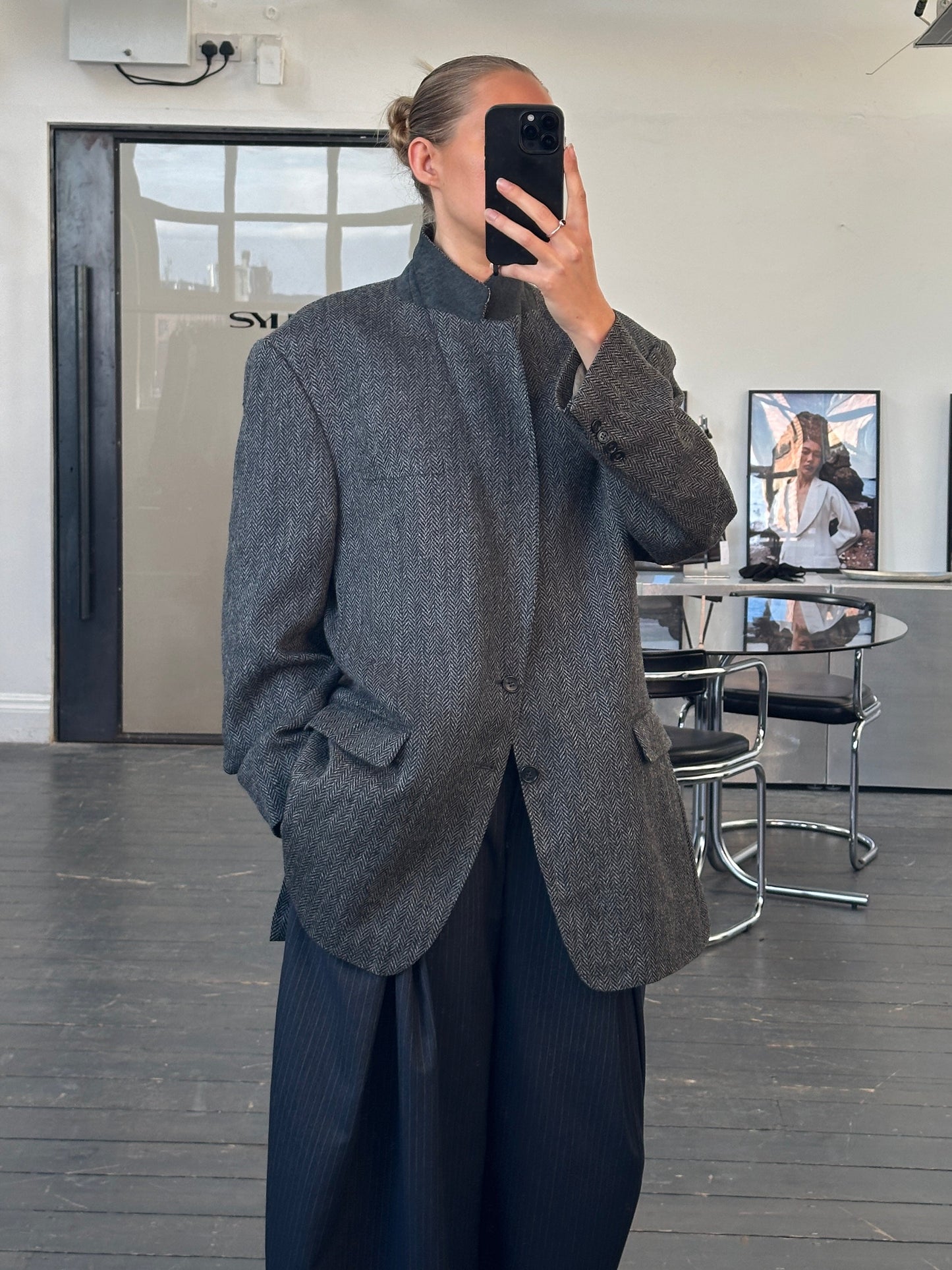 Burberry 1990s Pure Wool Herringbone Single Breasted Blazer - 46R/XXL