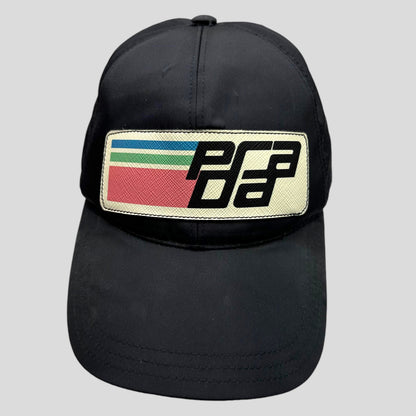 Prada Milano 2017 Saffiano Leather Race Logo Nylon Cap - M/L | O/S, Black