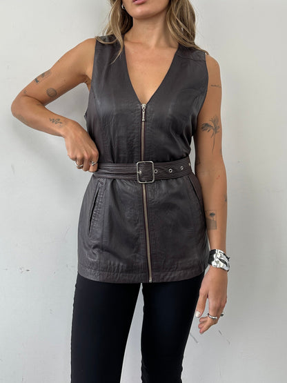 Vintage Leather Belted Waistcoat - M