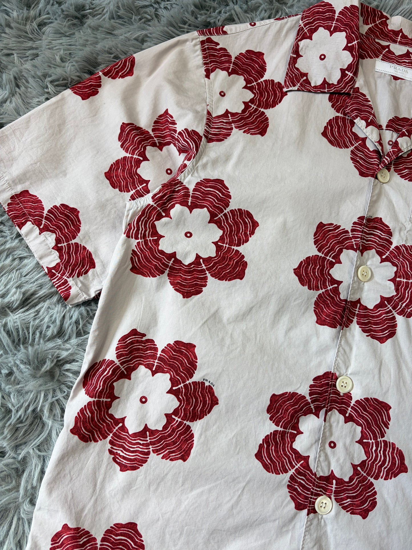 Prada 2016 Floral Logo Print Camp Collar Boxy Shirt - S/M | O/S, Red