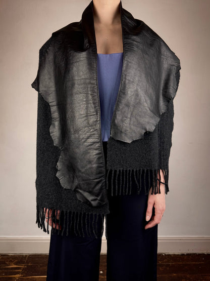 Jean Paul Gaultier leather wool scarf | O/S, Black